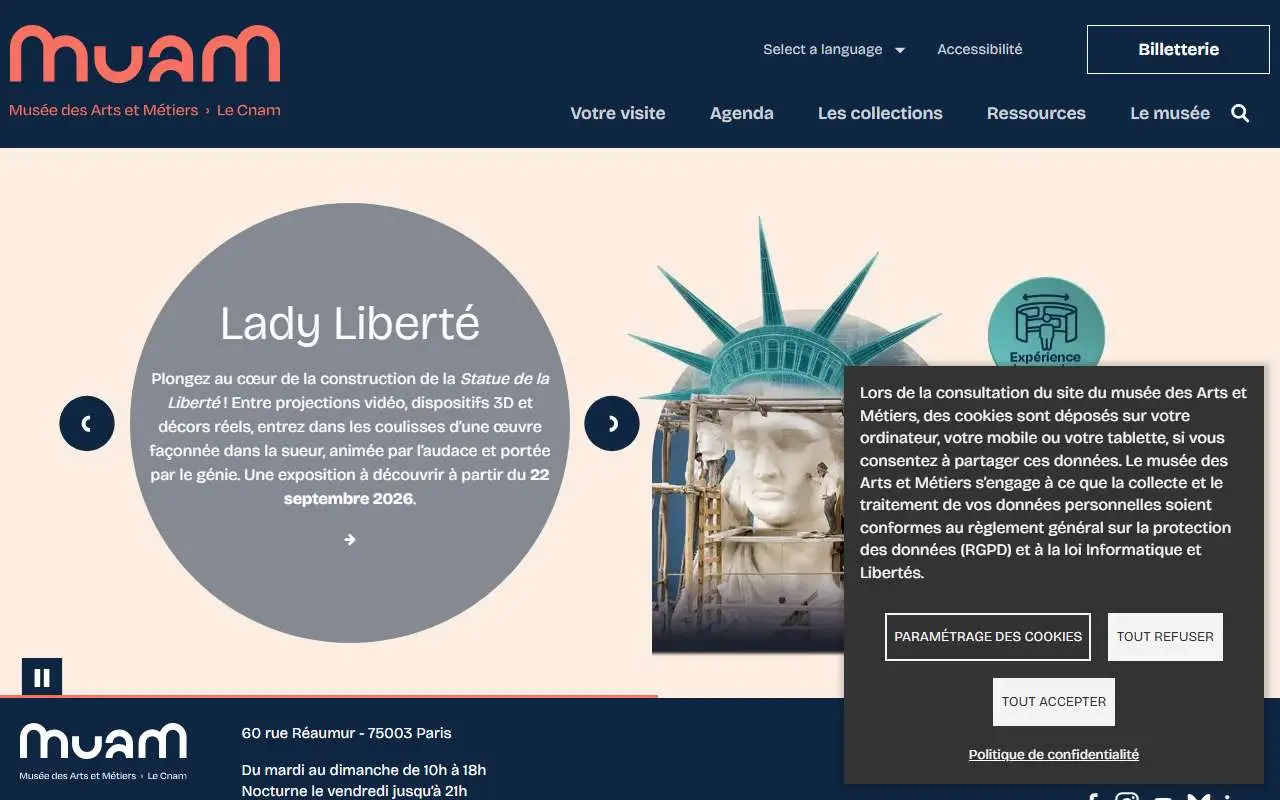 Tampilan website resmi Musée des Arts et Métiers (arts-et-metiers.net)