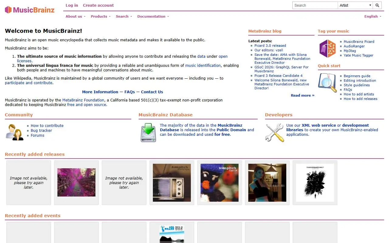 Tampilan website resmi MusicBrainz (musicbrainz.org)