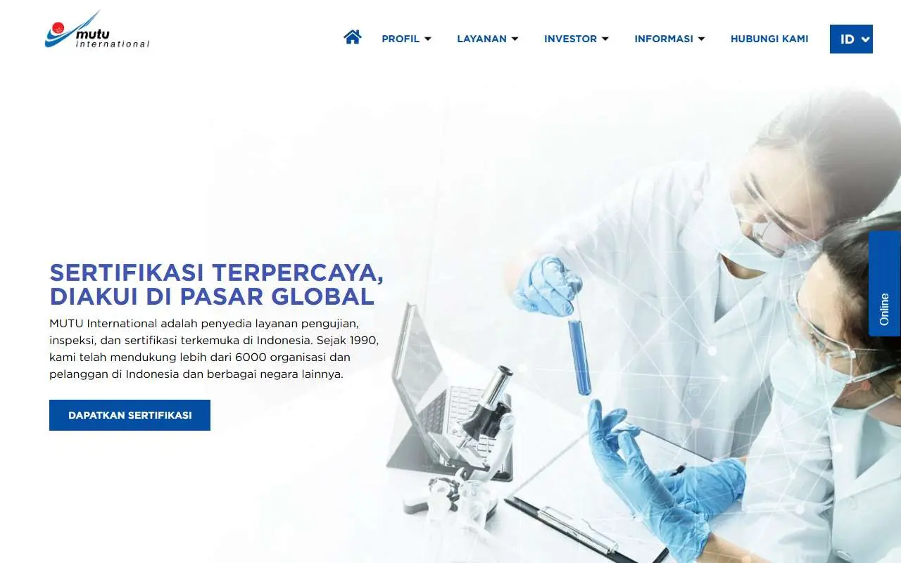 Tampilan website resmi Mutuagung Lestari (mutucertification.com)