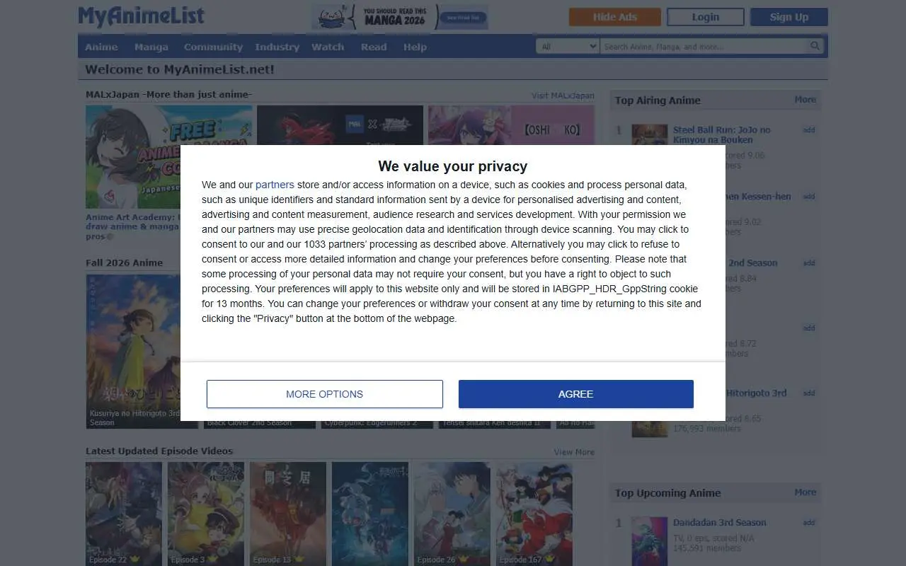 Tampilan website resmi MyAnimeList (myanimelist.net)