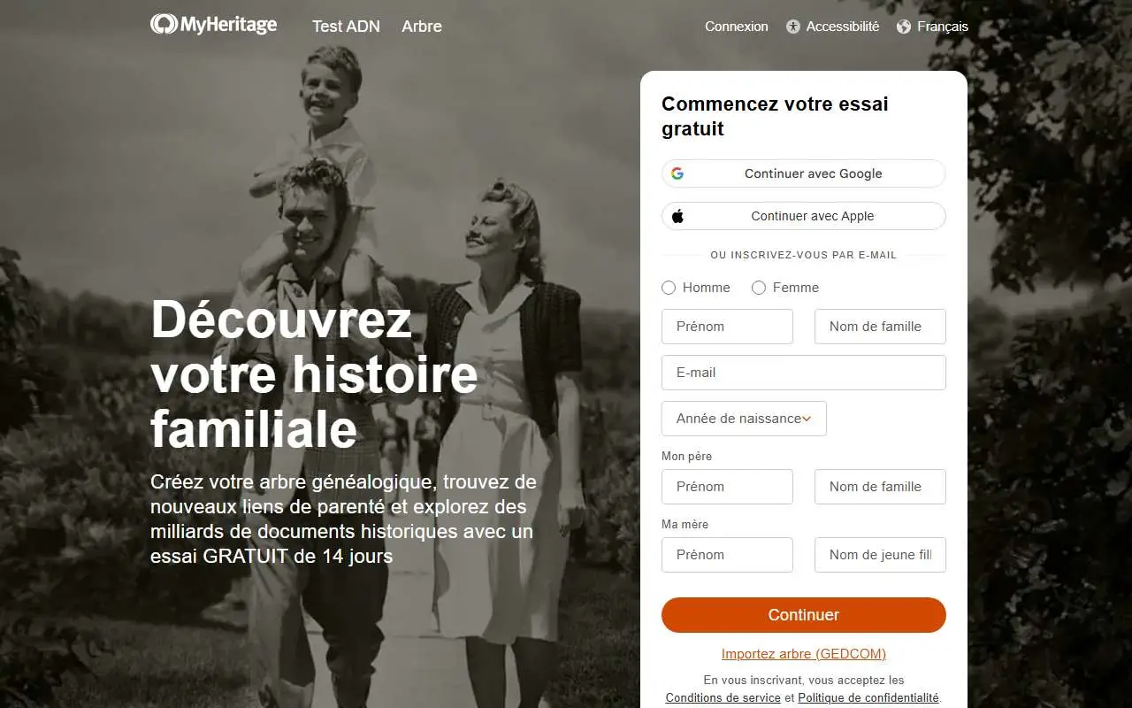 Tampilan website resmi MyHeritage (myheritage.fr)