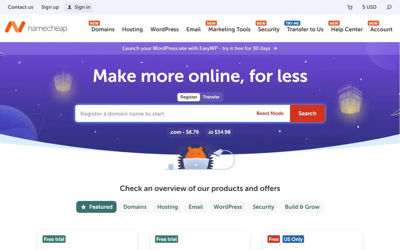 Tampilan website resmi Namecheap (namecheap.com)