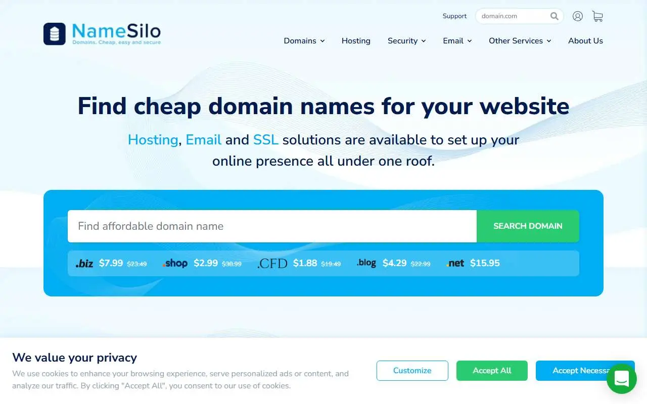 Tampilan website resmi NameSilo (namesilo.com)