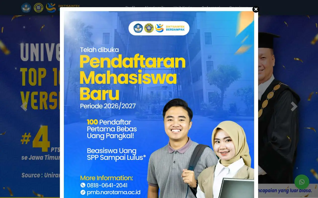 Tampilan website resmi Universitas Narotama (narotama.ac.id)
