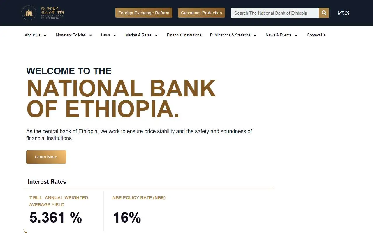 Tampilan website resmi Bank Nasional Etiopia (nbe.gov.et)