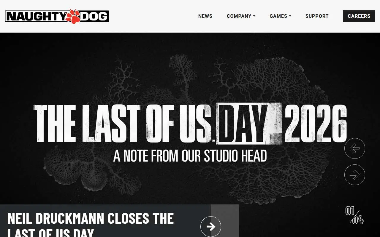 Tampilan website resmi Naughty Dog (naughtydog.com)