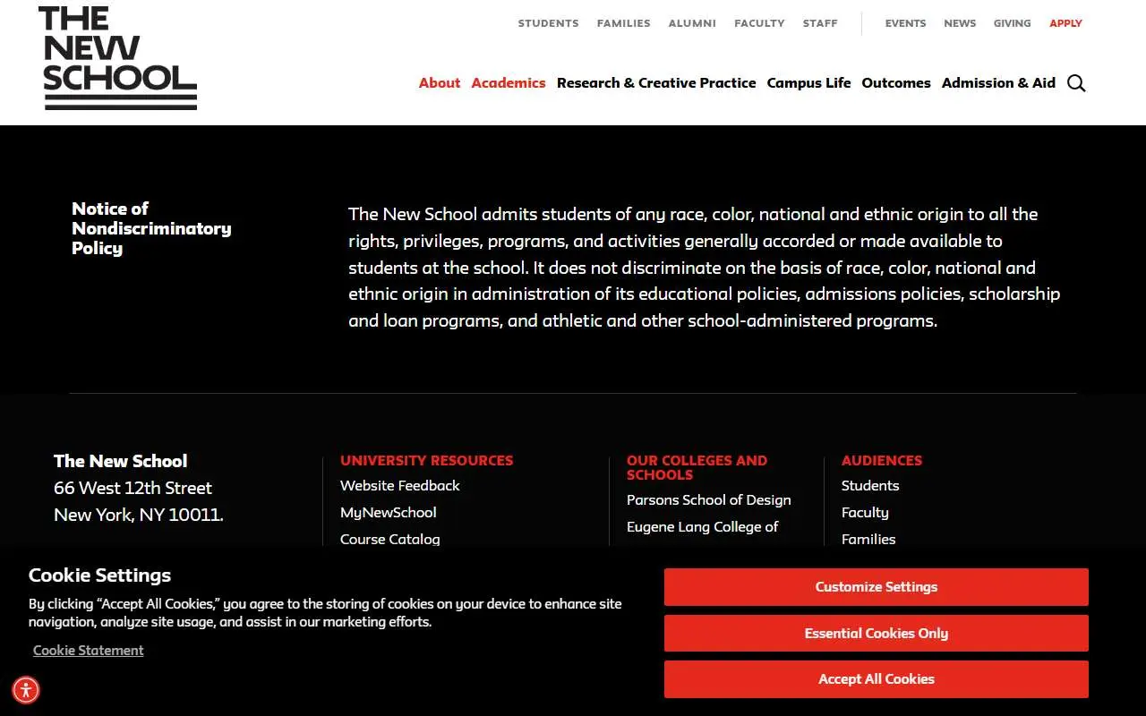 Tampilan website resmi The New School (newschool.edu)