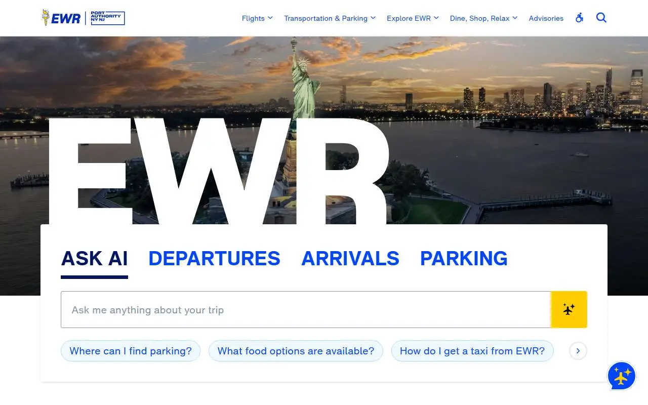 Tampilan website resmi Bandara Internasional Liberty Newark (newarkairport.com)