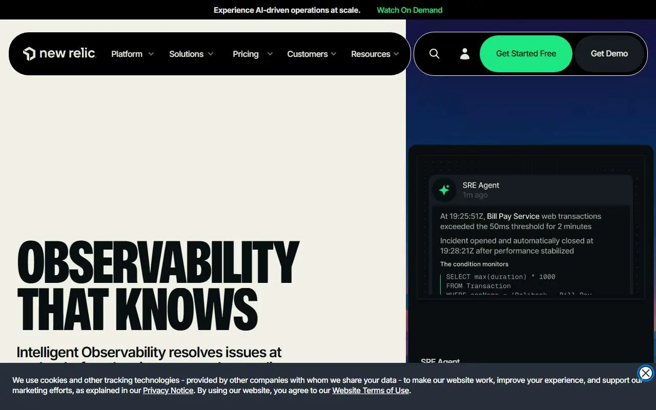 Tampilan website resmi New Relic (newrelic.com)