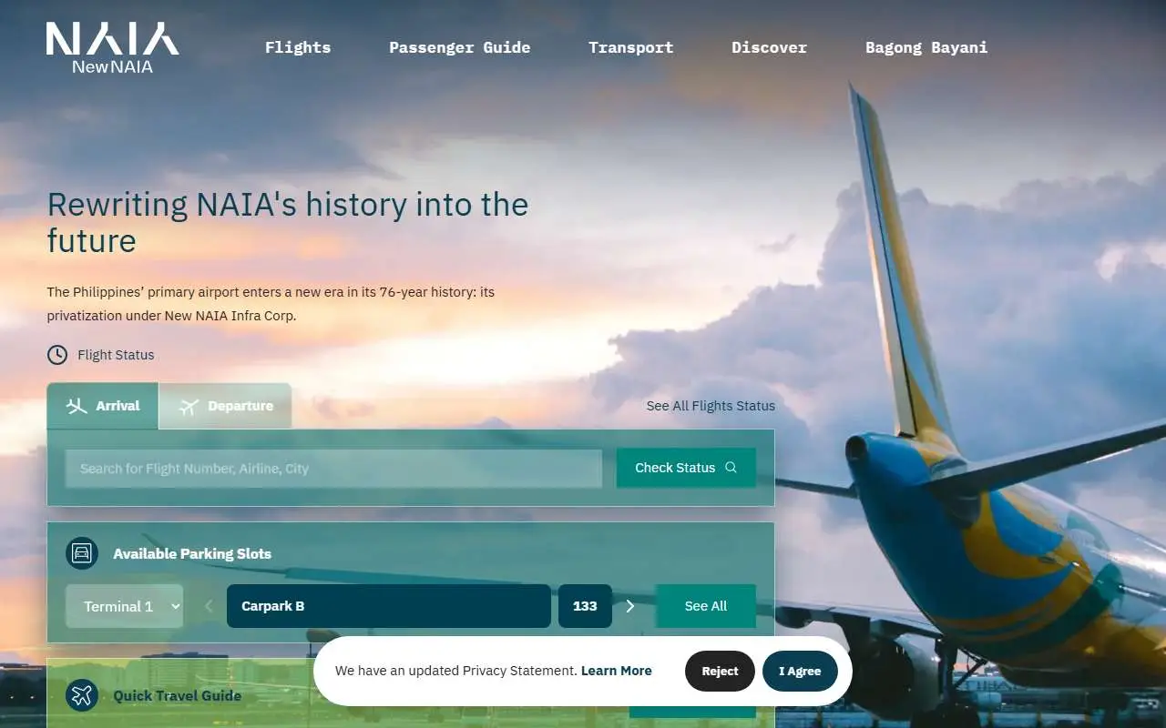 Tampilan website resmi Bandara Internasional Ninoy Aquino (newnaia.com.ph)