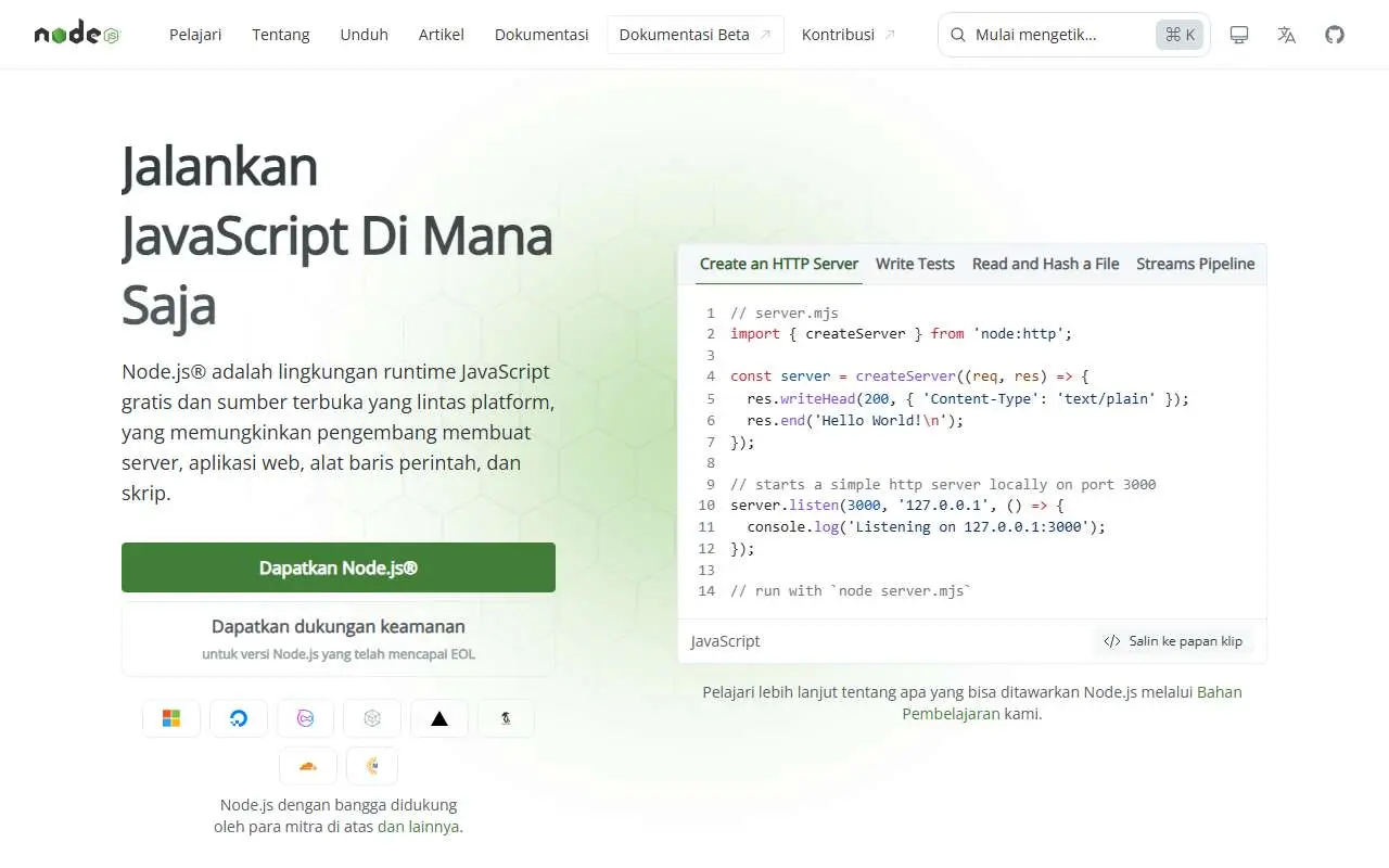 Tampilan website resmi Node.js (nodejs.org)