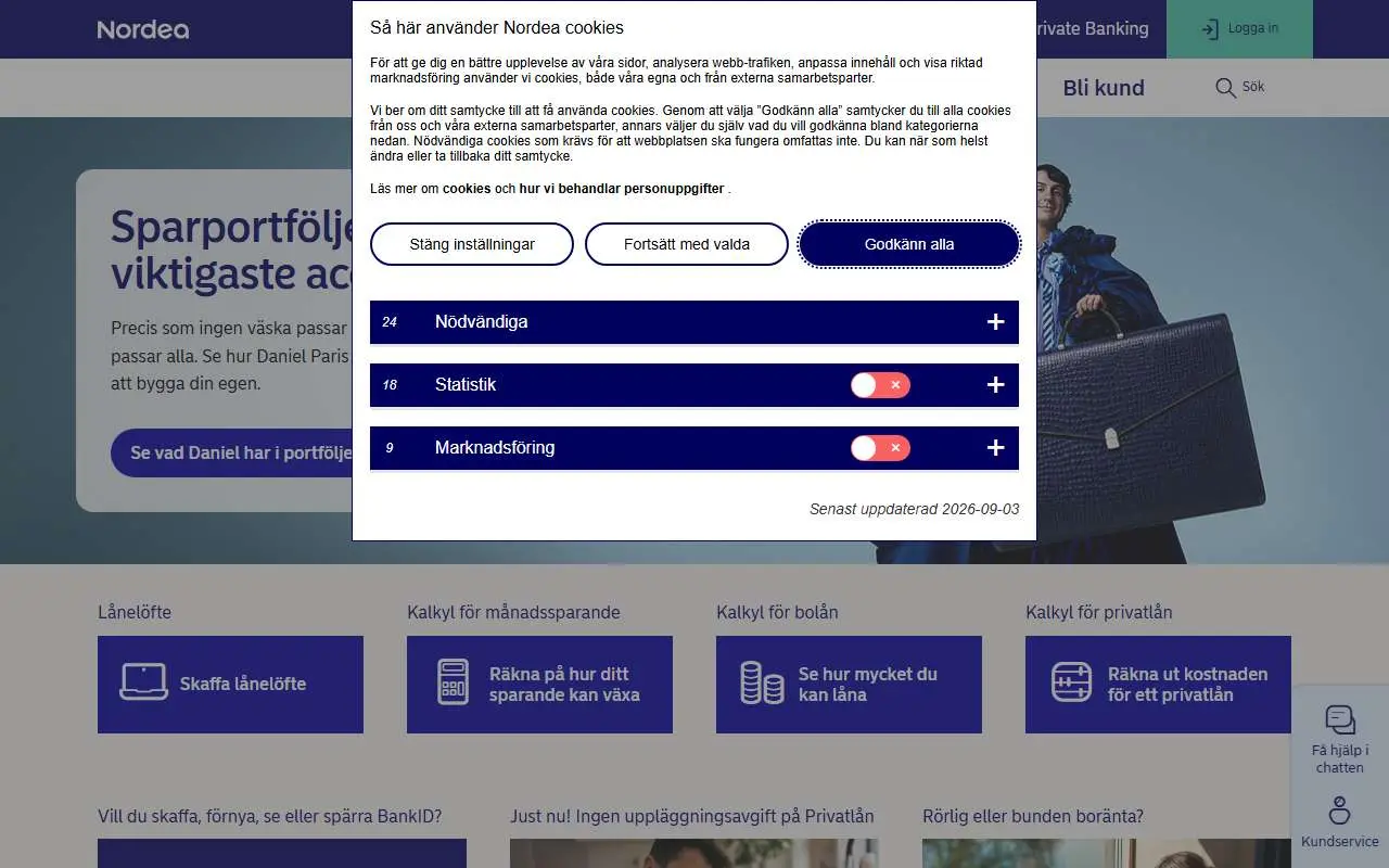 Tampilan website resmi Nordea (nordea.se)