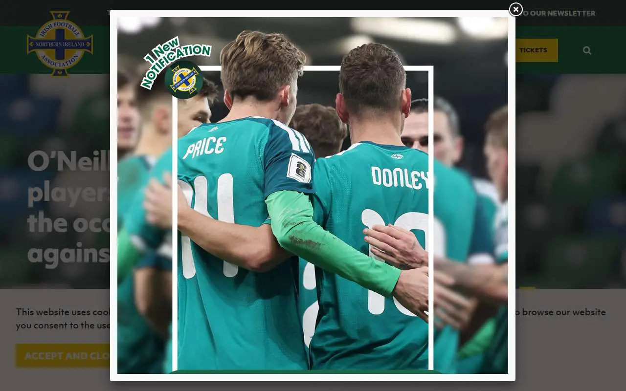Tampilan website resmi Tim nasional sepak bola Irlandia Utara (irishfa.com)