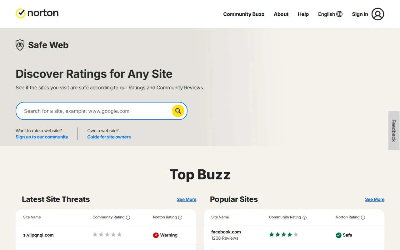 Tampilan website resmi Norton Safe Web (safeweb.norton.com)