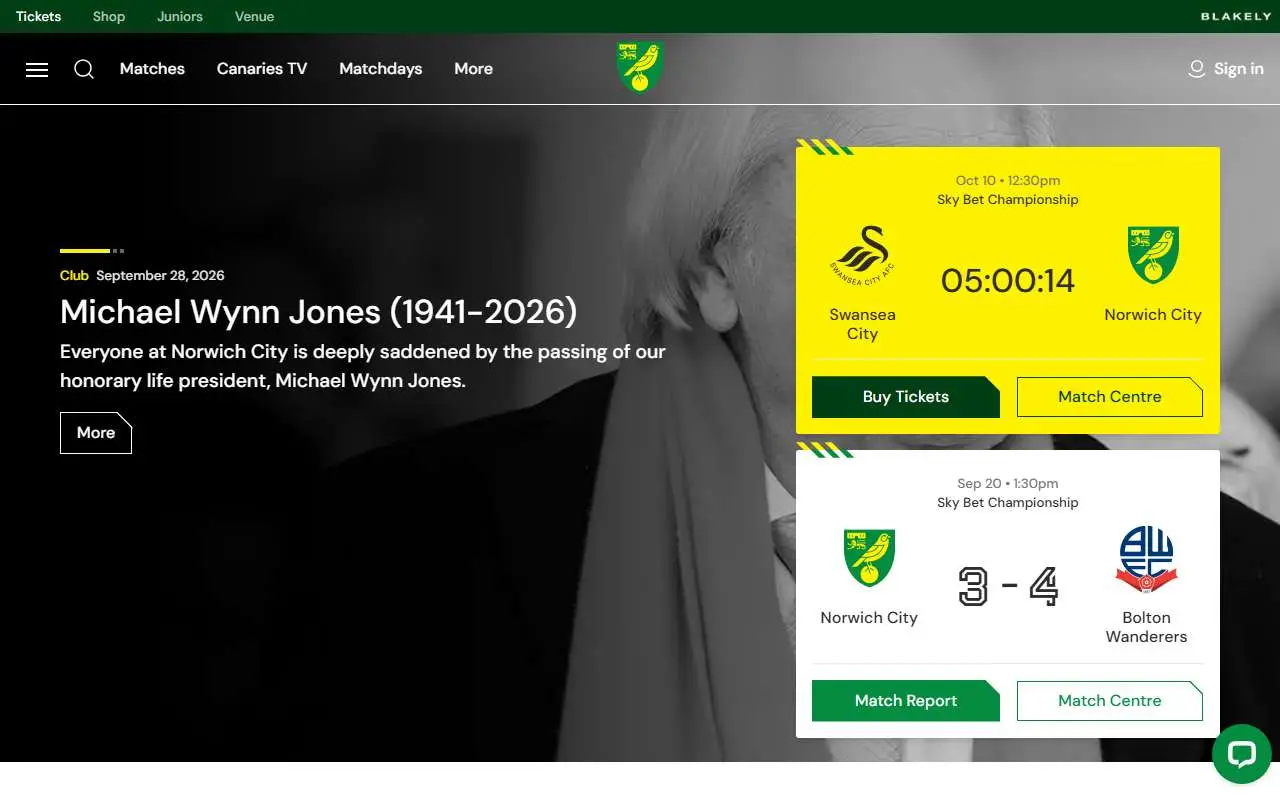 Tampilan website resmi Norwich City F.C. (canaries.co.uk)