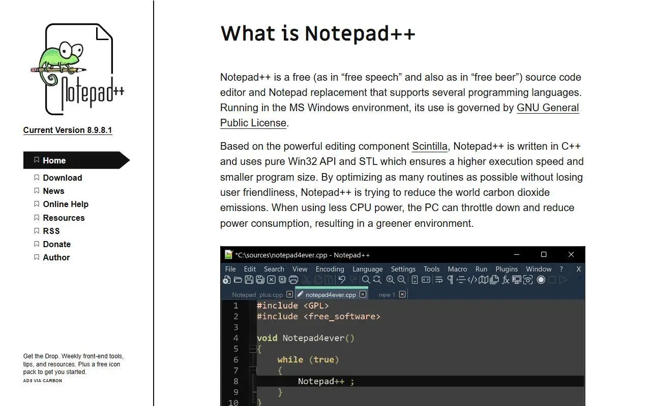 Tampilan website resmi Notepad++ (notepad-plus-plus.org)