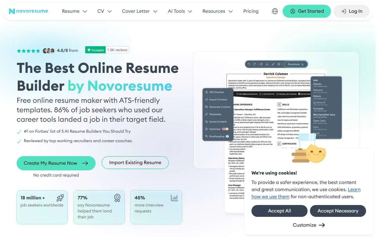 Tampilan website resmi Novoresume (novoresume.com)