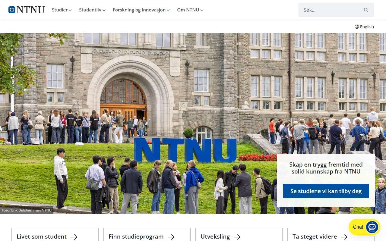 Tampilan website resmi Universitas Sains dan Teknologi Norwegia (ntnu.no)