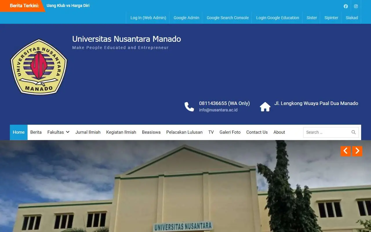 Tampilan website resmi Universitas Nusantara Manado (nusantara.ac.id)