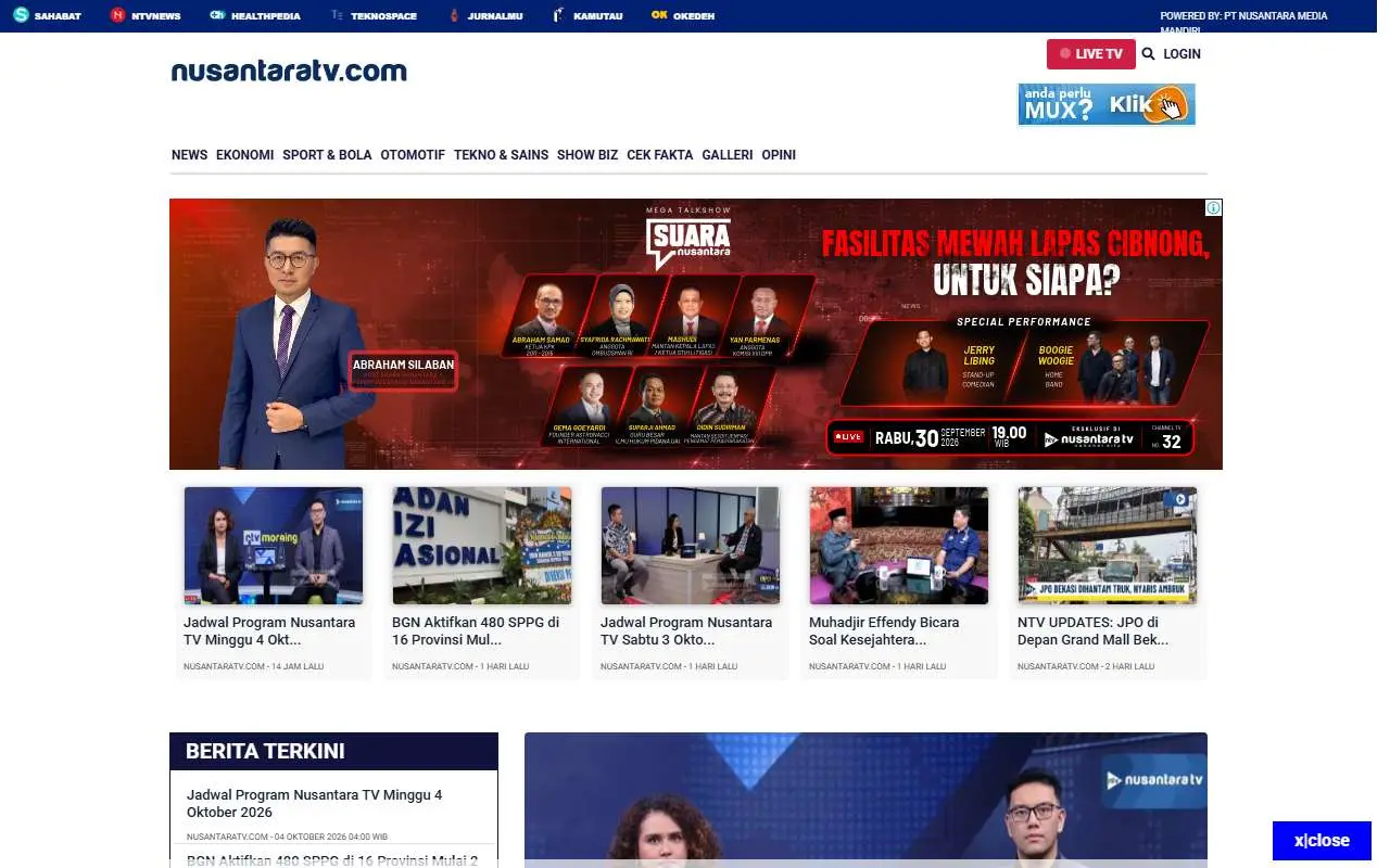 Tampilan website resmi Nusantara TV (nusantaratv.com)