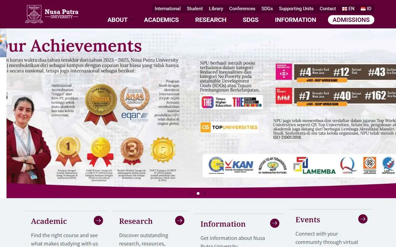 Tampilan website resmi Universitas Nusa Putra (nusaputra.ac.id)
