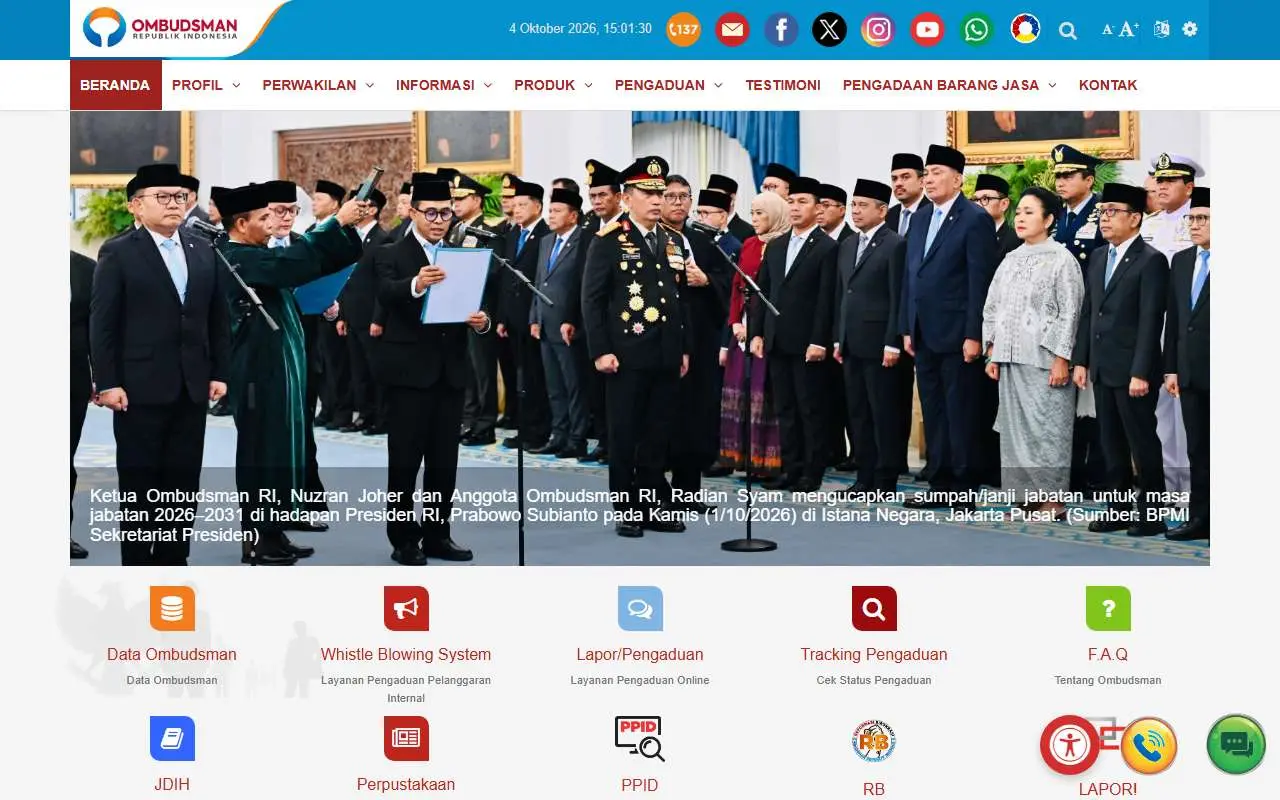 Tampilan website resmi Ombudsman RI (ombudsman.go.id)