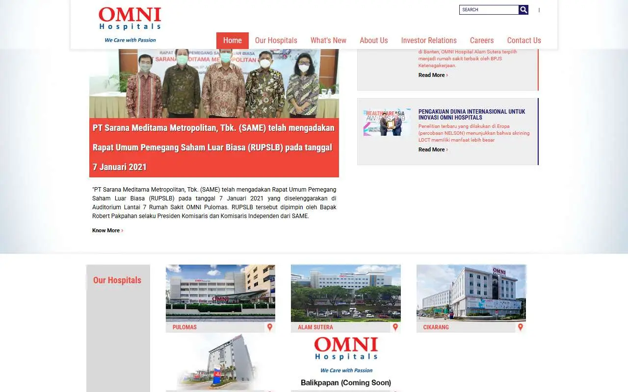 Tampilan website resmi Sarana Meditama Metropolitan (omni-hospitals.com)