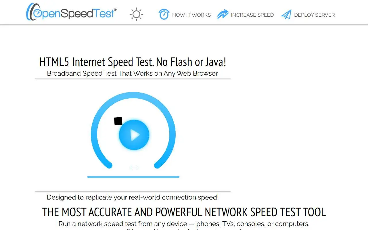 Tampilan website resmi OpenSpeedTest (openspeedtest.com)