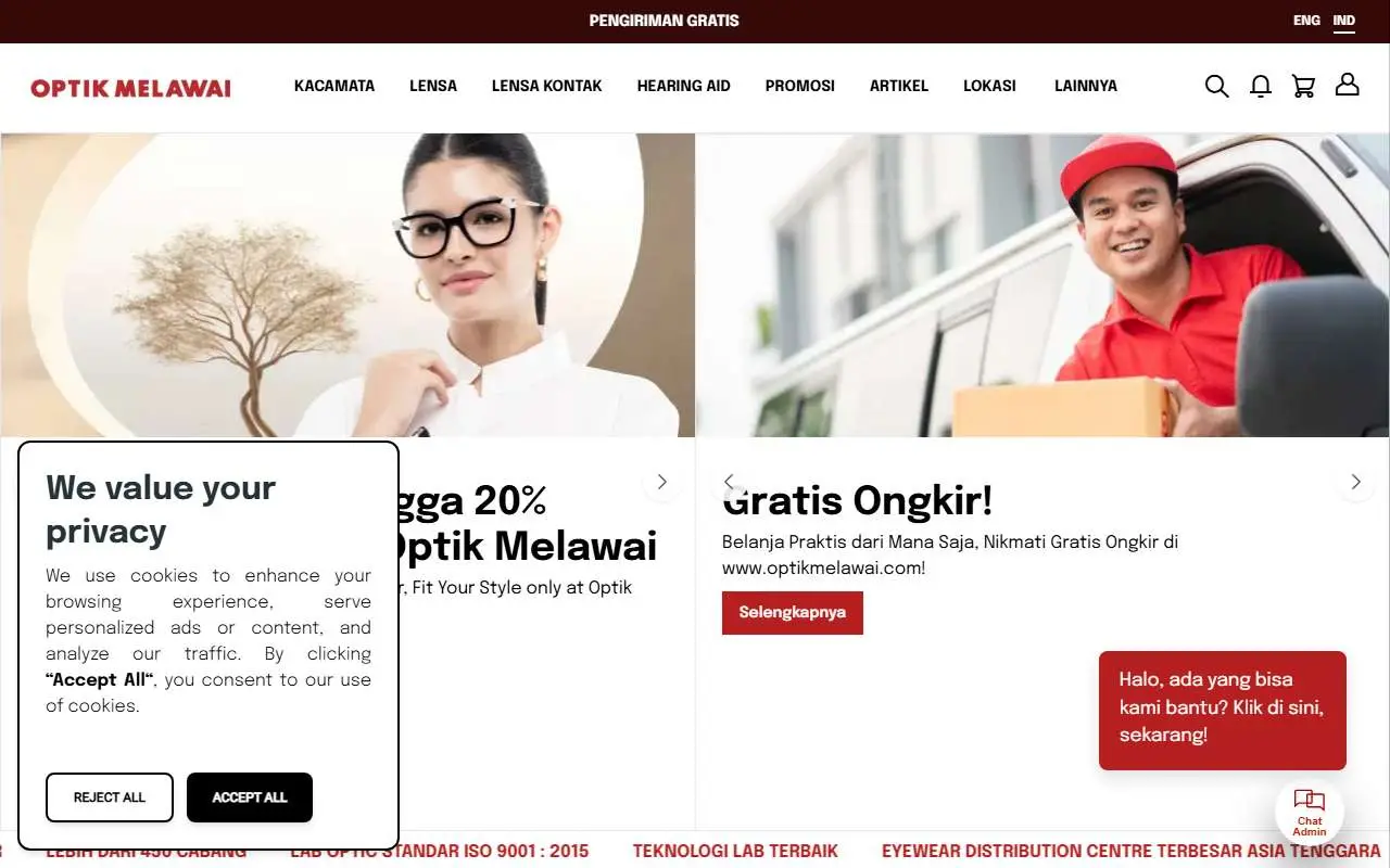 Tampilan website resmi Optik Melawai (optikmelawai.com)