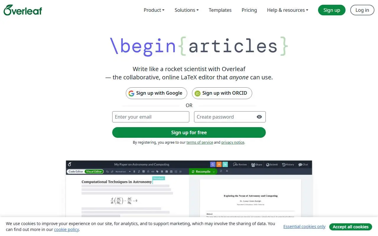 Tampilan website resmi Overleaf (overleaf.com)