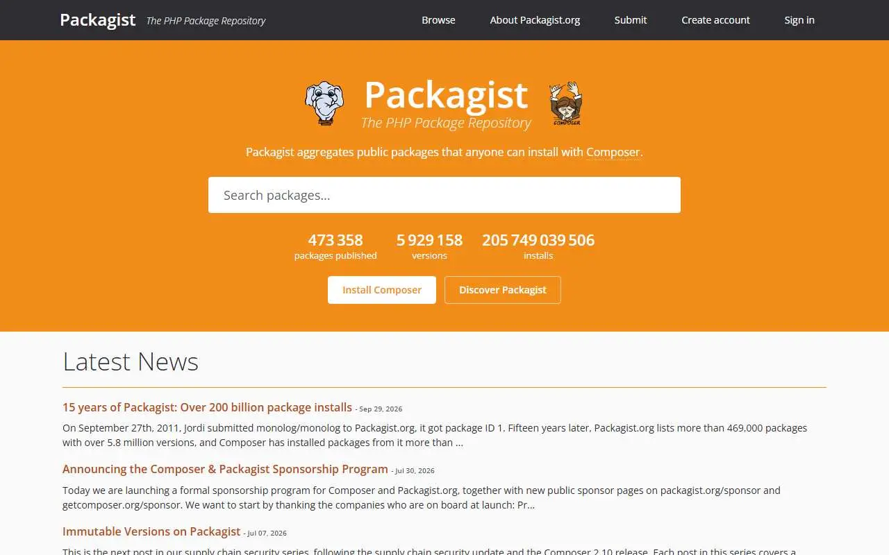 Tampilan website resmi Packagist (packagist.org)