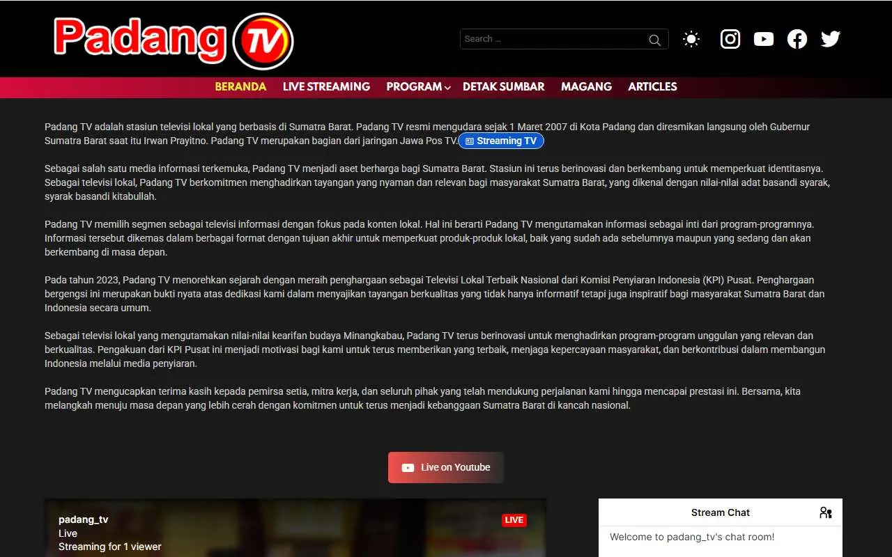 Tampilan website resmi Padang TV (padangtv.id)