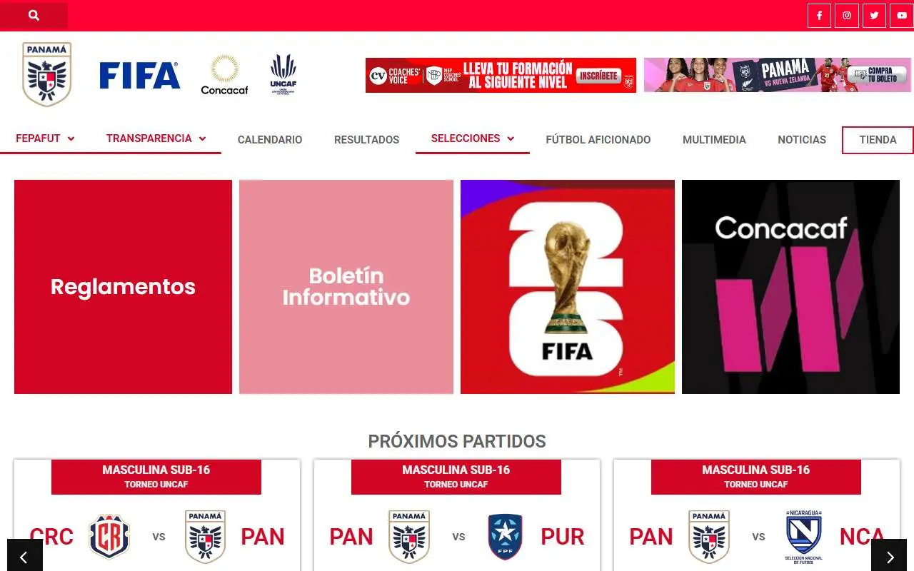 Tampilan website resmi Tim nasional sepak bola Panama (fepafut.com)