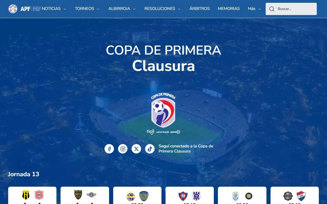 Tampilan website resmi Tim nasional sepak bola Paraguay (apf.org.py)