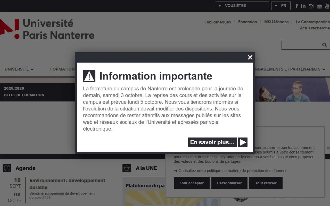 Tampilan website resmi Universitas Paris-Nanterre (parisnanterre.fr)