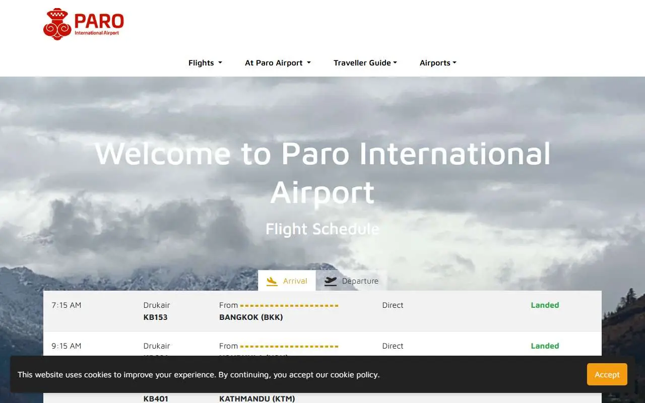 Tampilan website resmi Bandara Paro (paroairport.com)