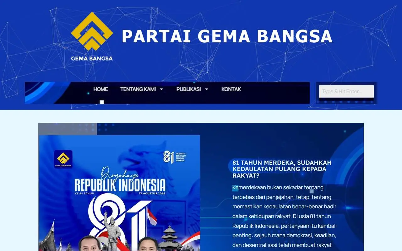 Tampilan website resmi Partai Gerakan Mandiri Bangsa (partaigemabangsa.org)