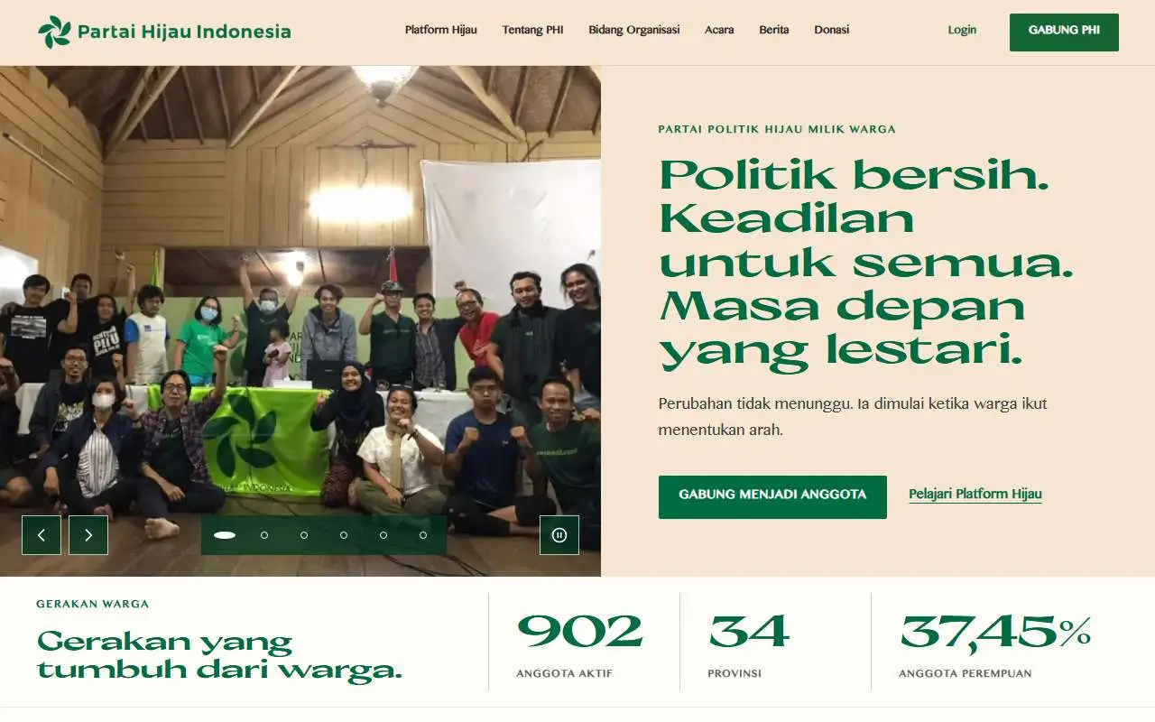 Tampilan website resmi Partai Hijau Indonesia (partaihijau.org)