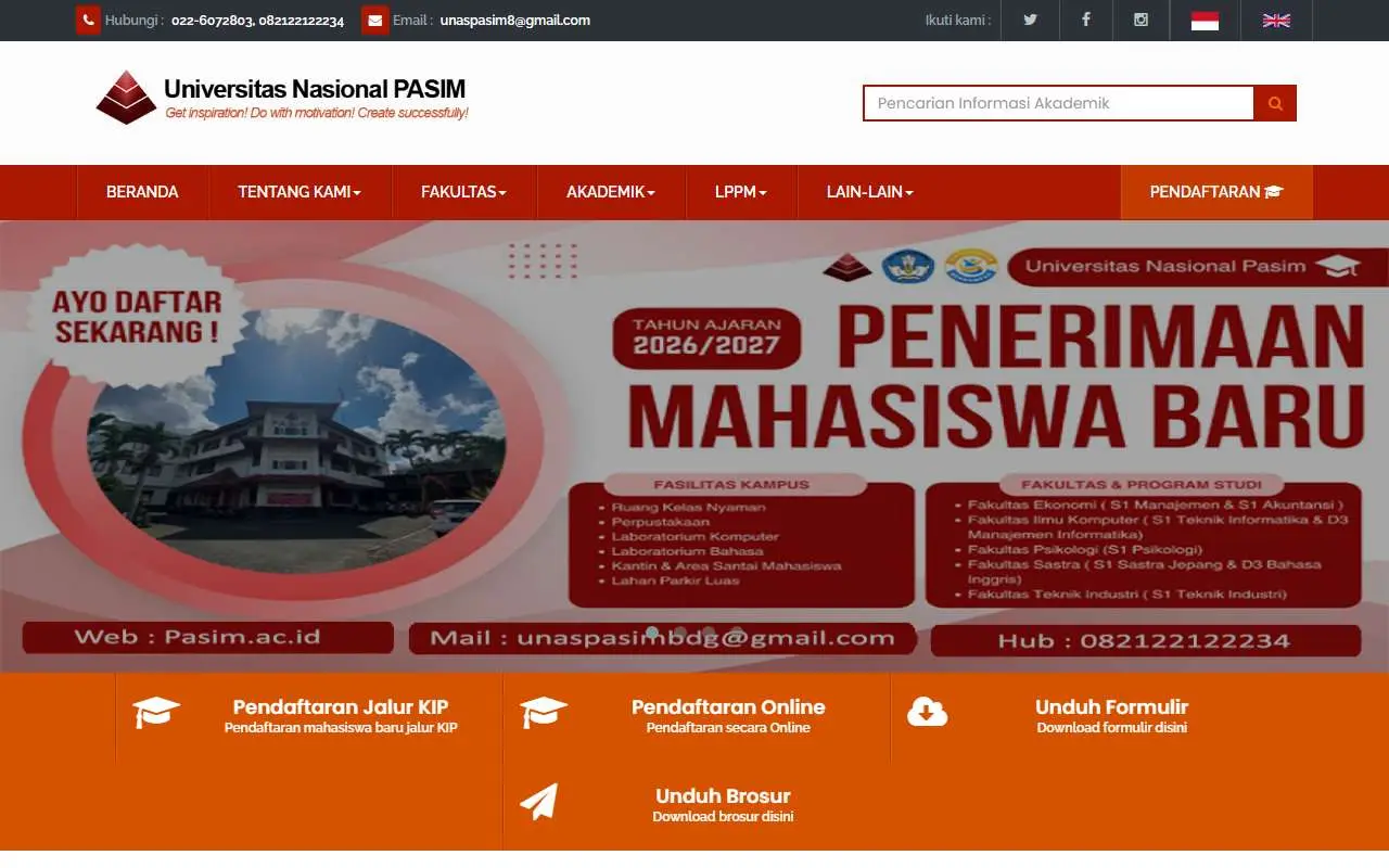 Tampilan website resmi Universitas Nasional Pasim (pasim.ac.id)