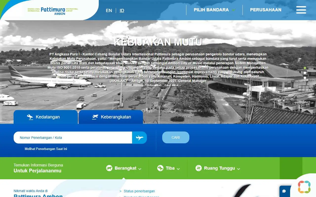 Tampilan website resmi Bandara Pattimura Ambon (pattimura-airport.co.id)