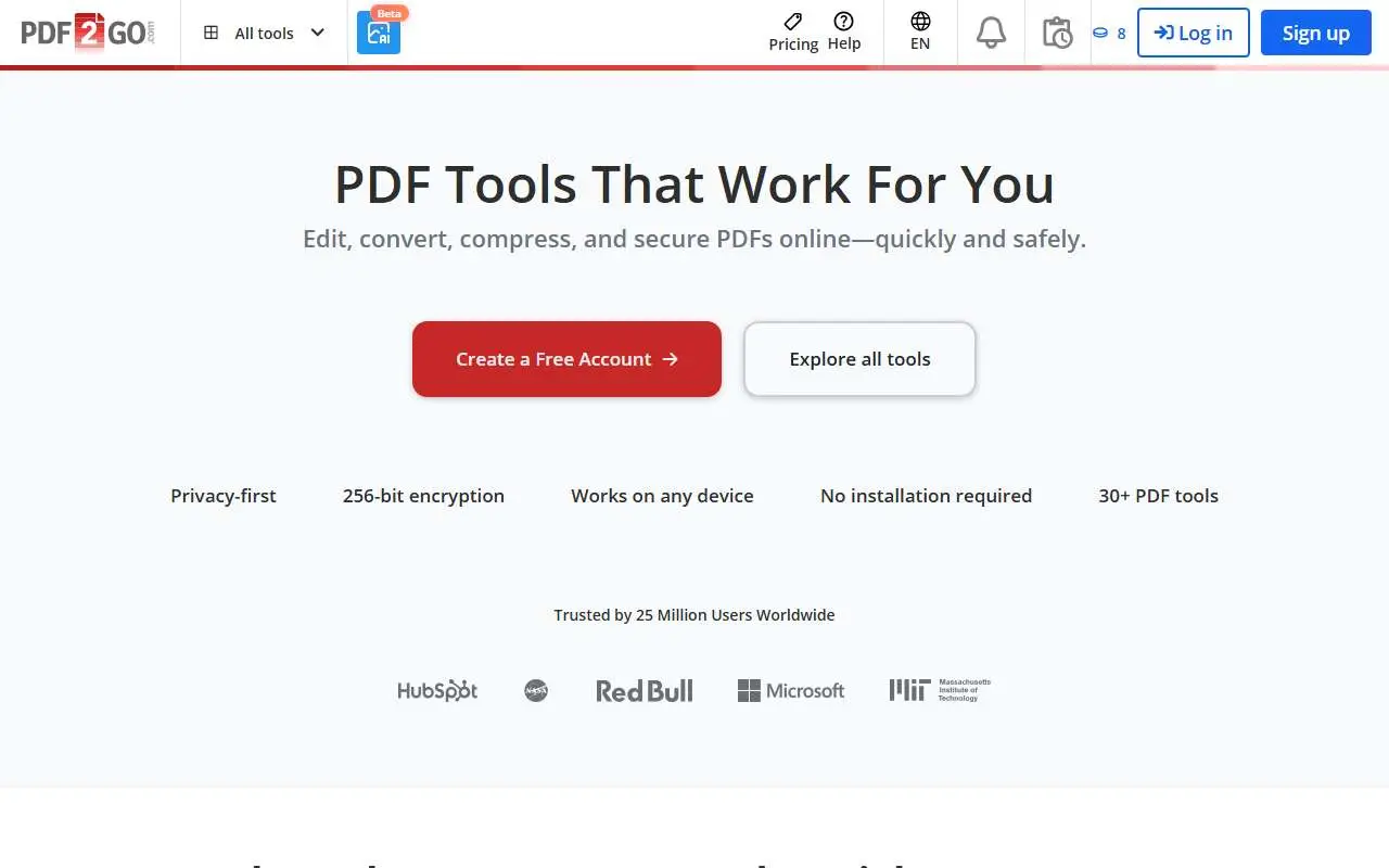 Tampilan website resmi PDF2Go (pdf2go.com)