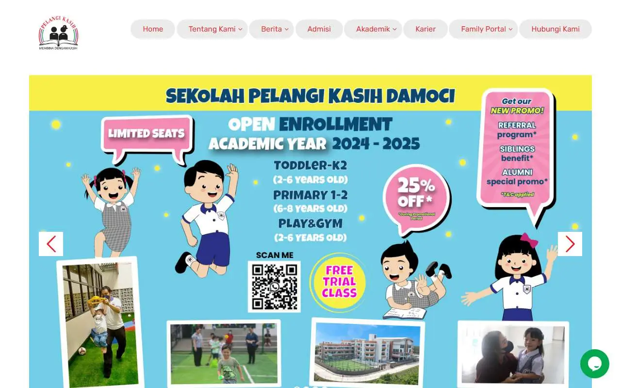 Tampilan website resmi Sekolah Pelangi Kasih (pelangikasih.or.id)