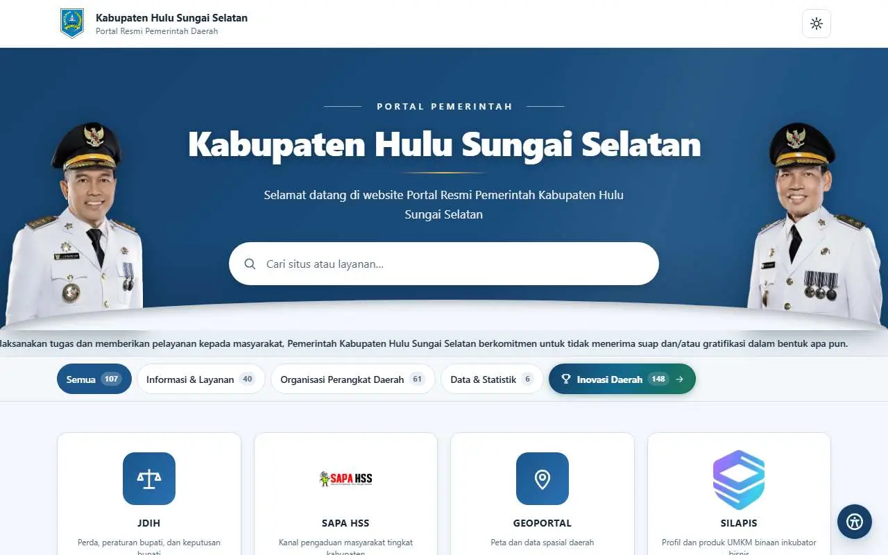 Tampilan website resmi Pemkab Hulu Sungai Selatan (hulusungaiselatankab.go.id)