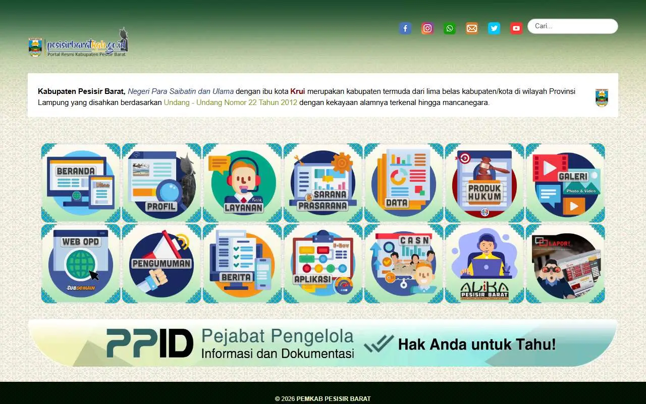 Tampilan website resmi Pemkab Pesisir Barat (pesisirbaratkab.go.id)
