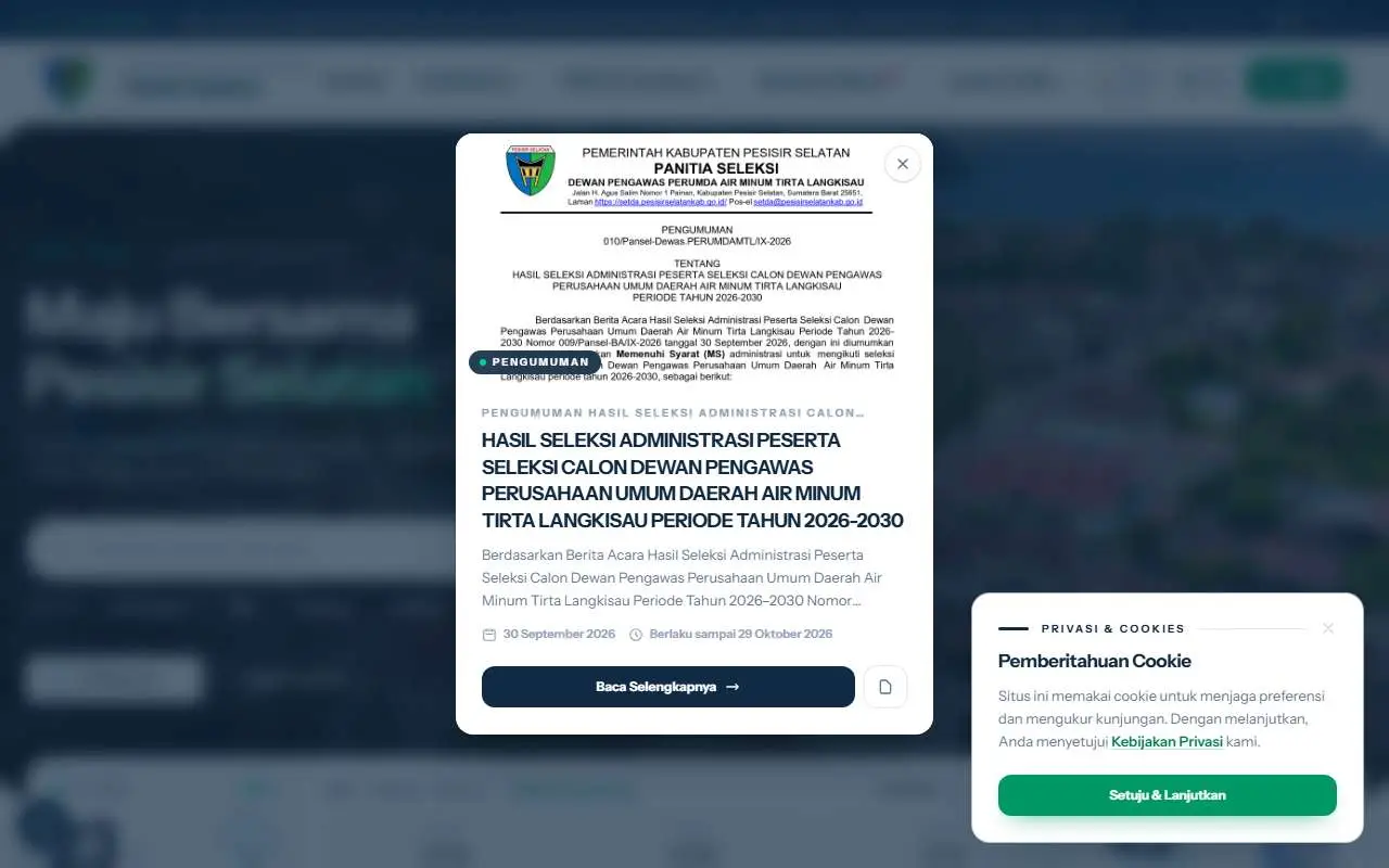 Tampilan website resmi Pemkab Pesisir Selatan (pesisirselatankab.go.id)