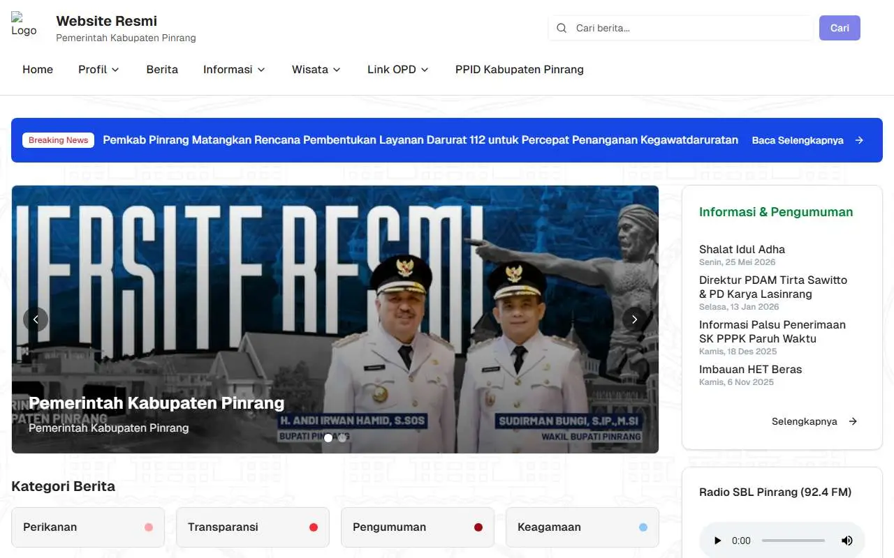 Tampilan website resmi Pemkab Pinrang (pinrangkab.go.id)