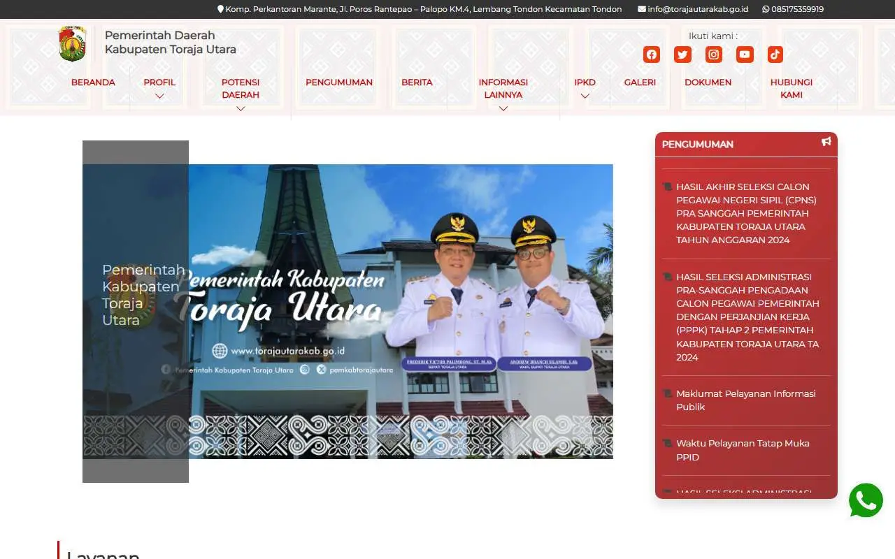 Tampilan website resmi Pemkab Toraja Utara (torajautarakab.go.id)