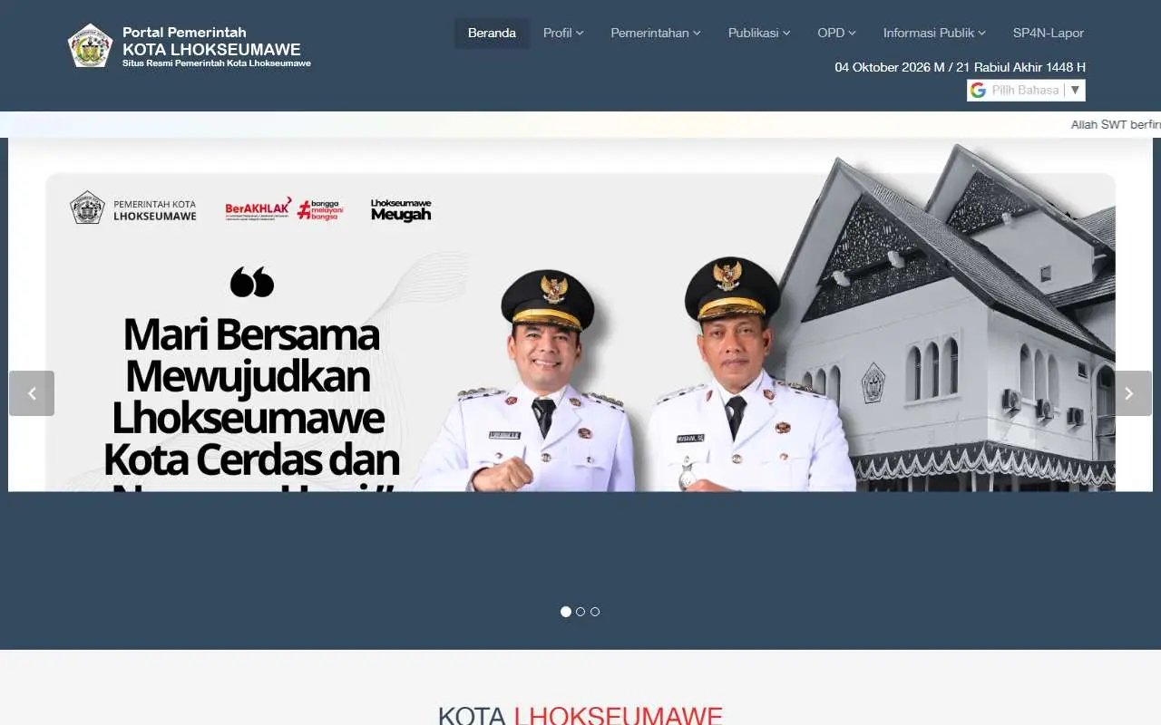 Tampilan website resmi Pemkot Lhokseumawe (lhokseumawekota.go.id)