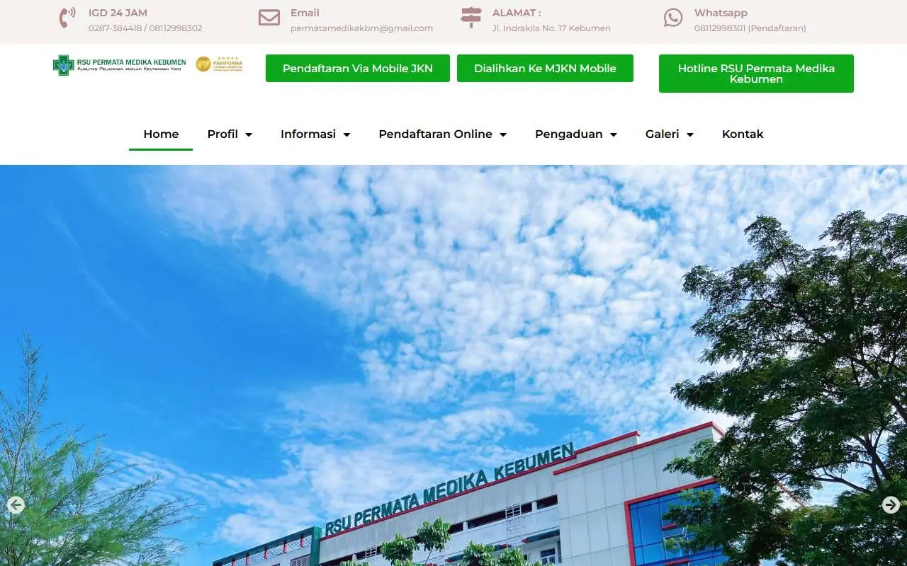 Tampilan website resmi RS Umum Permata Medika Kebumen (permatamedikakbm.com)