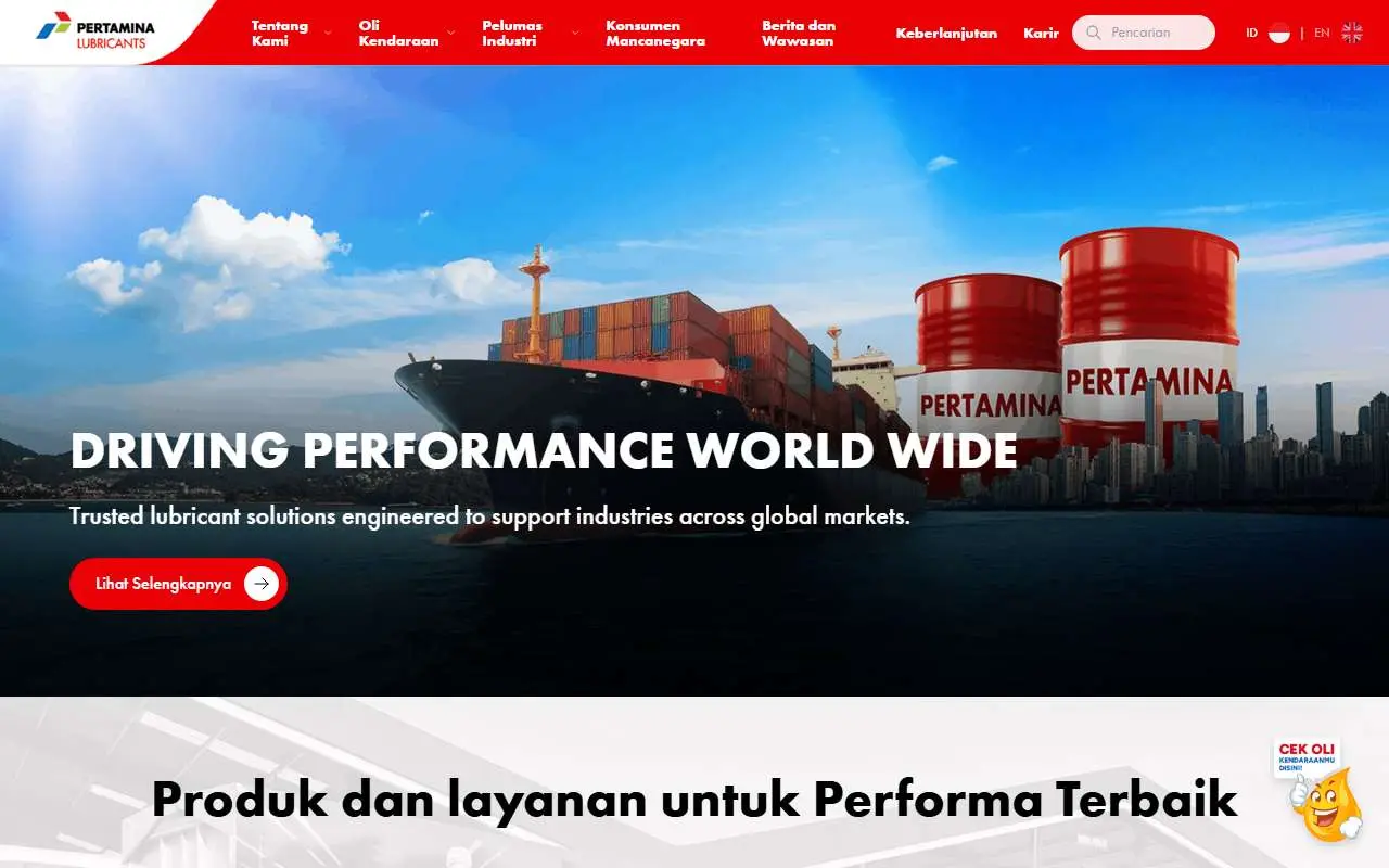 Tampilan website resmi Pertamina Lubricants (pertaminalubricants.com)